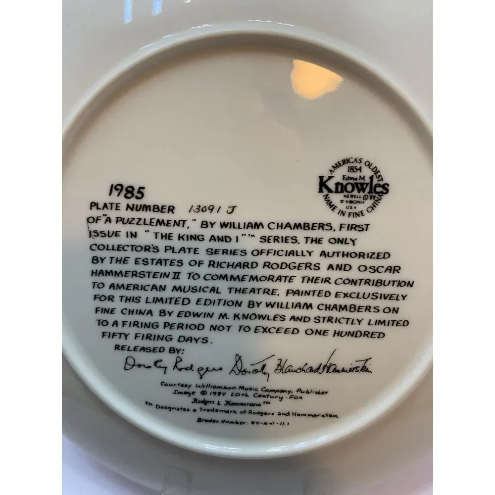 1985 VTG Collector Plate A PUZZLEMENT 1st of 4 in The King and I Serie w/CoA NIB
